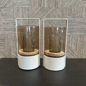 Windlicht Beige met Amber glas Tafelmodel  met beugel