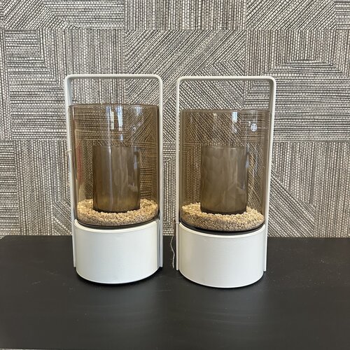 Windlicht Beige met Amber glas Tafelmodel  met beugel