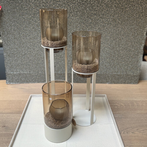 Windlicht Beige met Amber glas 3 maten Windlicht Beige met Amber glas 3 maten