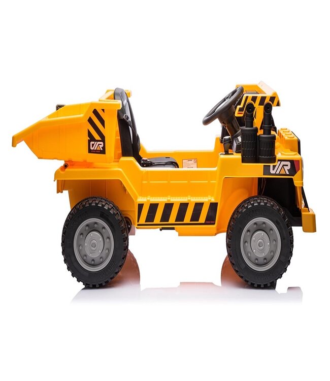 Werkvoertuig met bak, 12 volt elektrische kinderauto, 4 motoren, rubberen banden en kunstleder zitje!