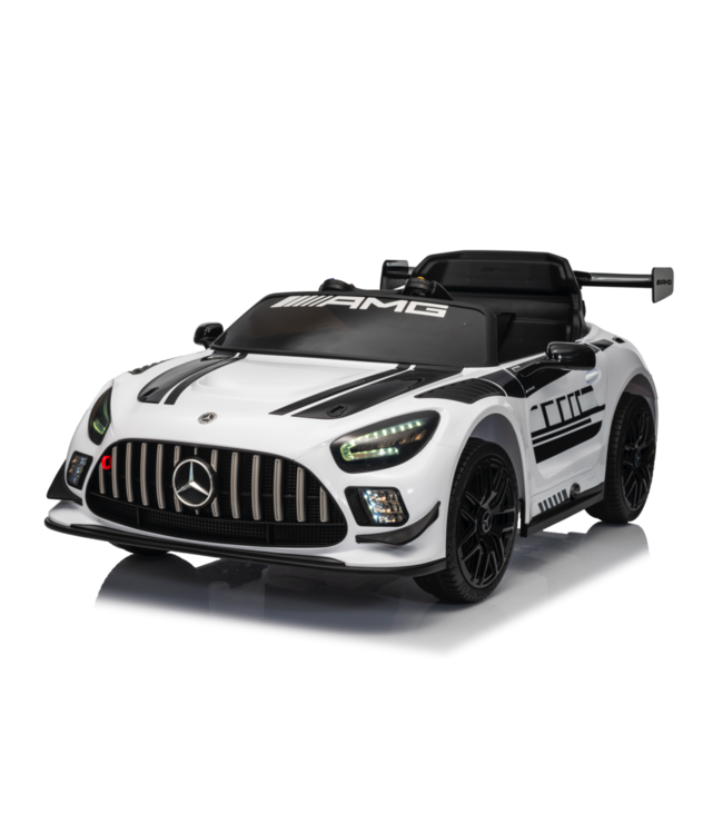 Voiture électrique pour enfants Mercedes-Benz GT3 AMG 12 volts avec pneus en caoutchouc, siège en cuir et plus encore !