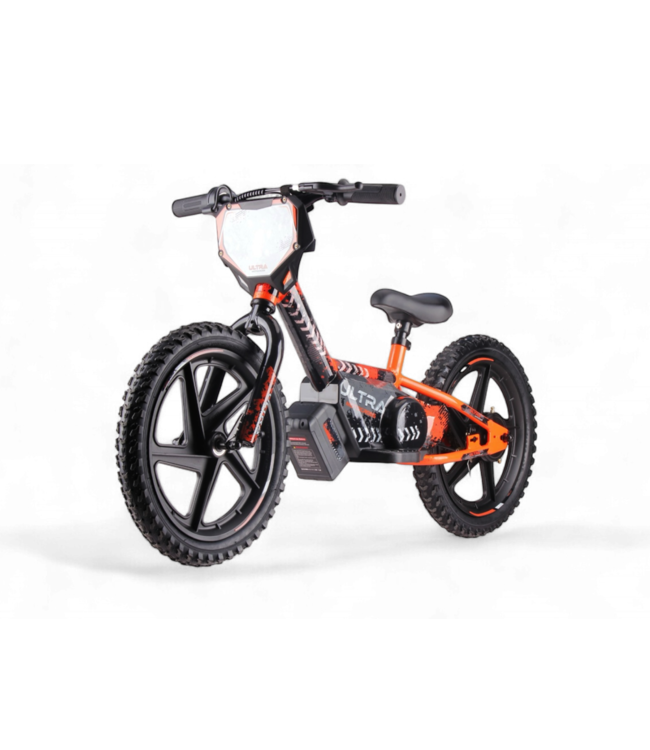 Bicicleta de equilíbrio elétrica de 24 volts com rodas de 16 polegadas, motor elétrico - laranja.