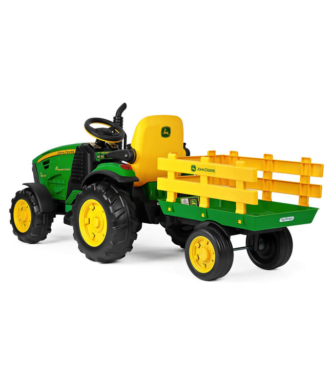 Trator John Deere infantil + reboque, 2 motores de 12 volts com controle remoto