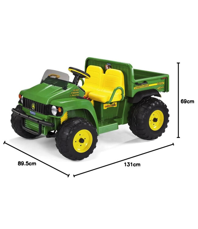 John Deere tractor eléctrico para niños de 12 voltios con brazo excavador funcional y caja basculante.