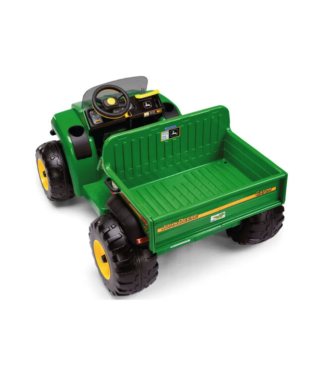 Trator elétrico infantil John Deere 12 volts com braço escavador funcional e caçamba basculante.