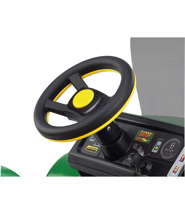 John Deere 12-volts elektrisk børnetraktor med fungerende gravearm og tippelad.