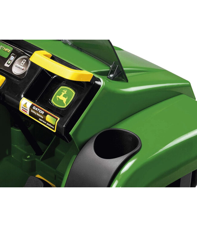 John Deere tractor eléctrico para niños de 12 voltios con brazo excavador funcional y caja basculante.