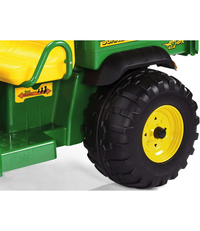 Trator elétrico infantil John Deere 12 volts com braço escavador funcional e caçamba basculante.