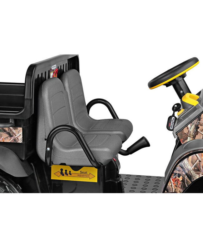 John Deere 12-Volt elektrischer Kindertraktor mit funktionierendem Baggerarm und Kippmulde.