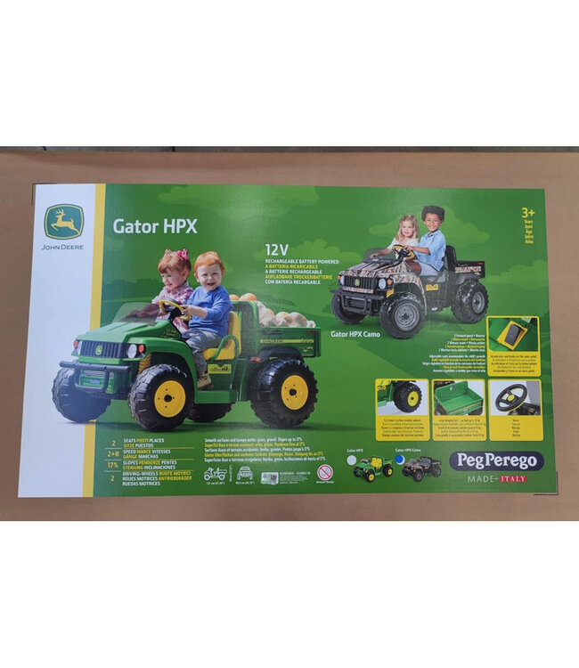 John Deere 12-Volt electric children's tractor with working excavator arm and tipping bucket.