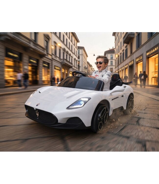 Carro infantil elétrico Maserati MC20 de 2 lugares, 24 V, pneus de borracha, banco de couro.