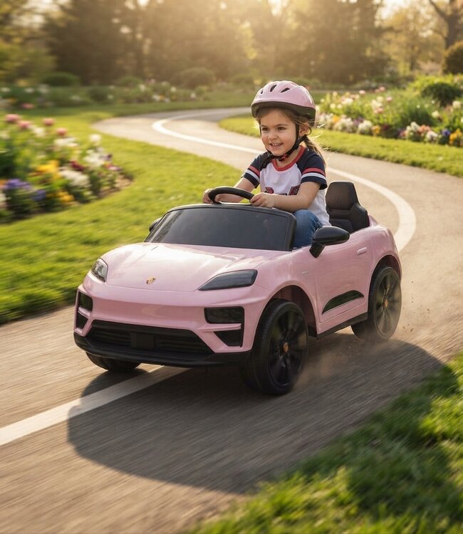 Porsche Macan Turbo electric ride-on car with a lithium battery, music module, rubber tires, and more.
