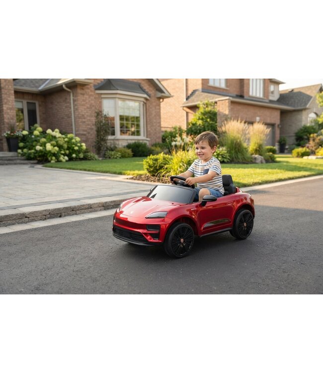 Porsche Macan Turbo electric ride-on car with a lithium battery, music module, rubber tires, and more.