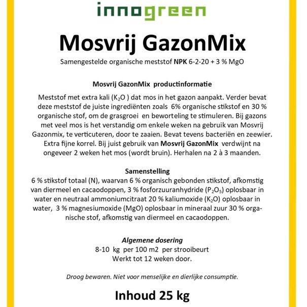 Innogreen Mosvrij gazonmix | NPK 6-2-20 + 3 MgO 