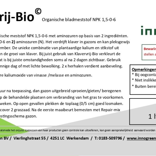 Innogreen Klavervrij-Bio gazon | NPK 1,5-0-6 met extra aminozuren en sporenelementen