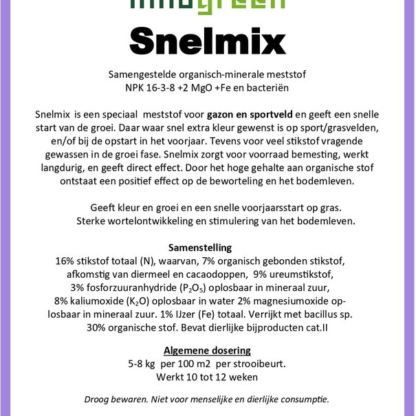 Innogreen Snelmix | NPK 16-3-8 + 2 MgO + 1 Fe + bacteriën