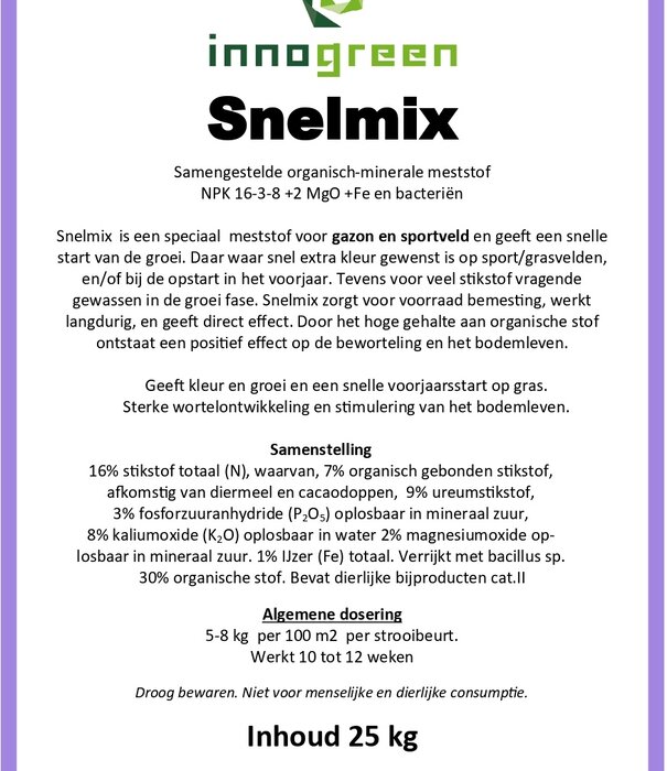 Innogreen Snelmix | NPK 16-3-8 + 2 MgO + 1 Fe + bacteriën