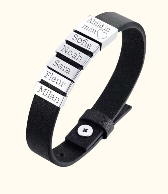 Moderne leren armband met 1 t/m 5 gravure plaatjes voor een persoonlijke boodschap
