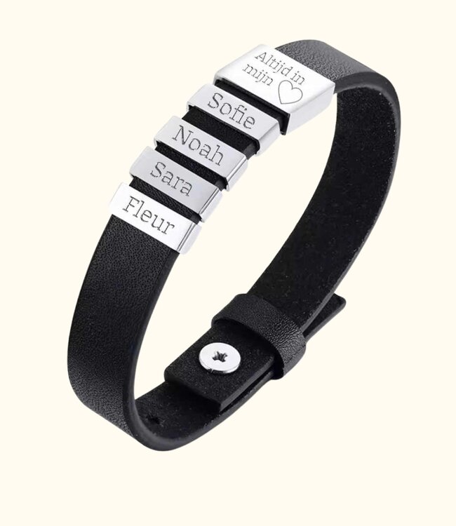 Moderne leren armband met 1 t/m 5 gravure plaatjes voor een persoonlijke boodschap