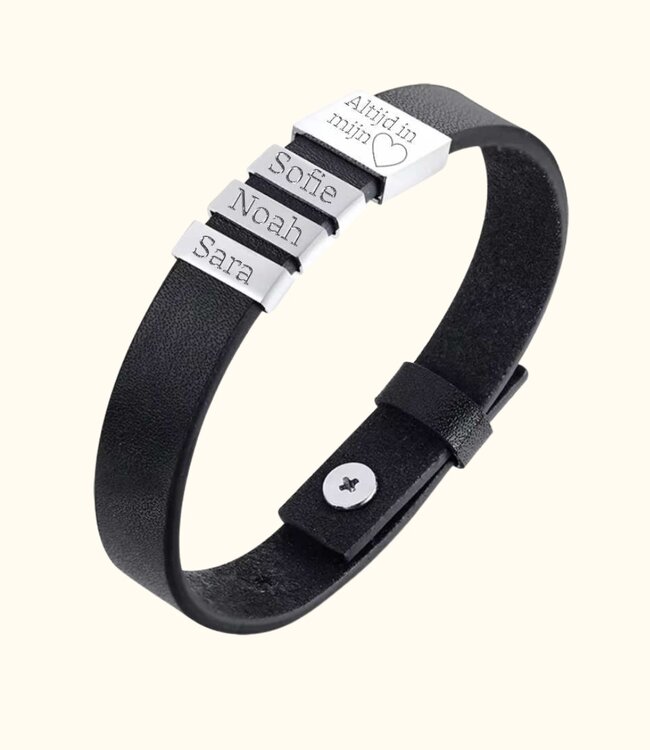 Moderne leren armband met 1 t/m 5 gravure plaatjes voor een persoonlijke boodschap