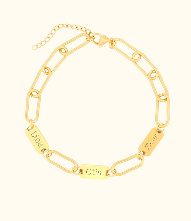 Chique Paperclip Armband Met 3 Graveerplaatjes Voor Namen