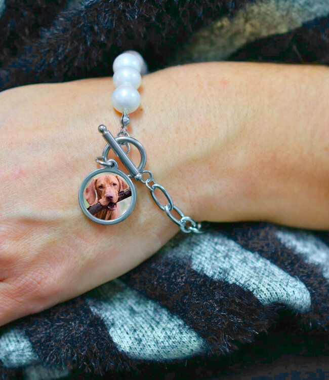 Elegante RVS Foto Armband Met Schakels En Parels Met Kapittel Sluiting