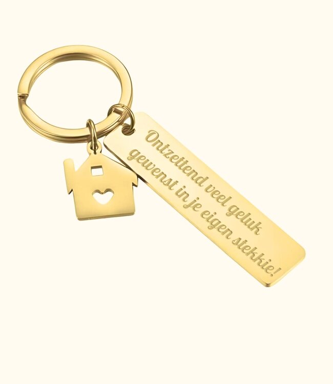 Stijlvolle Sleutelhanger Met Graveerplaatje En Huis Hangertje