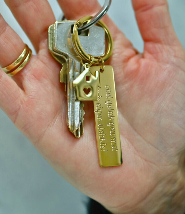 Stijlvolle Sleutelhanger Met Graveerplaatje En Huis Hangertje