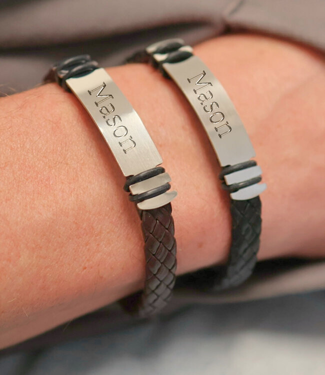 Trendy Gevlochten Leren Armband Met Naamplaatje Voor Gravering
