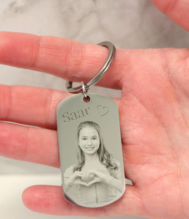 Stoere Dog Tag Sleutelhanger Met Gegraveerde Foto Voor Mannen
