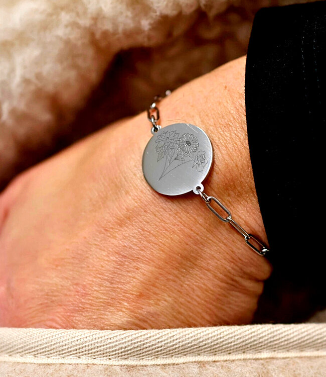 Subtiele Paperclip Armband Met Geboortebloem Gravering