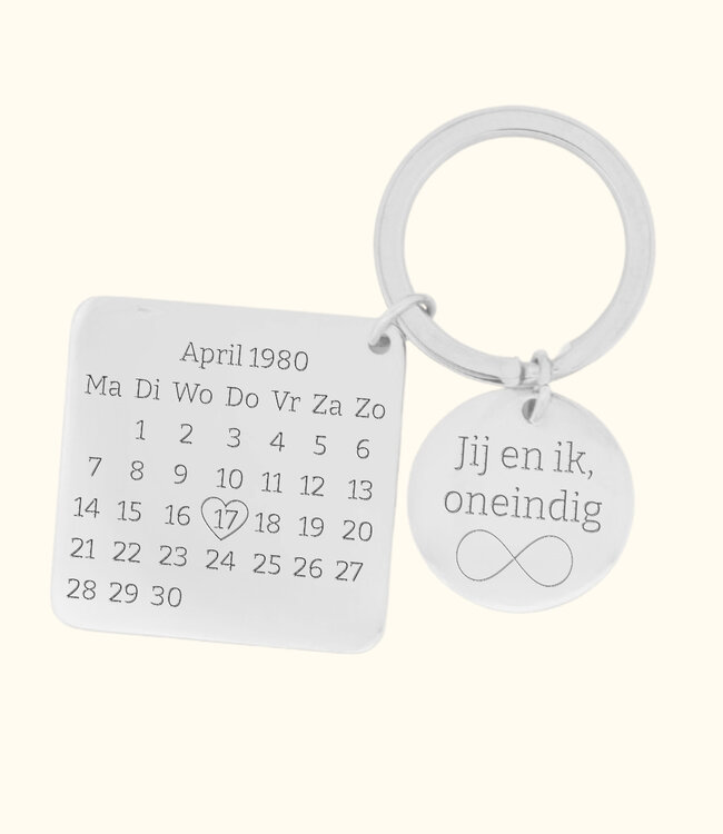 Gegraveerde sleutelhanger met uitgelichte Datum op kalender