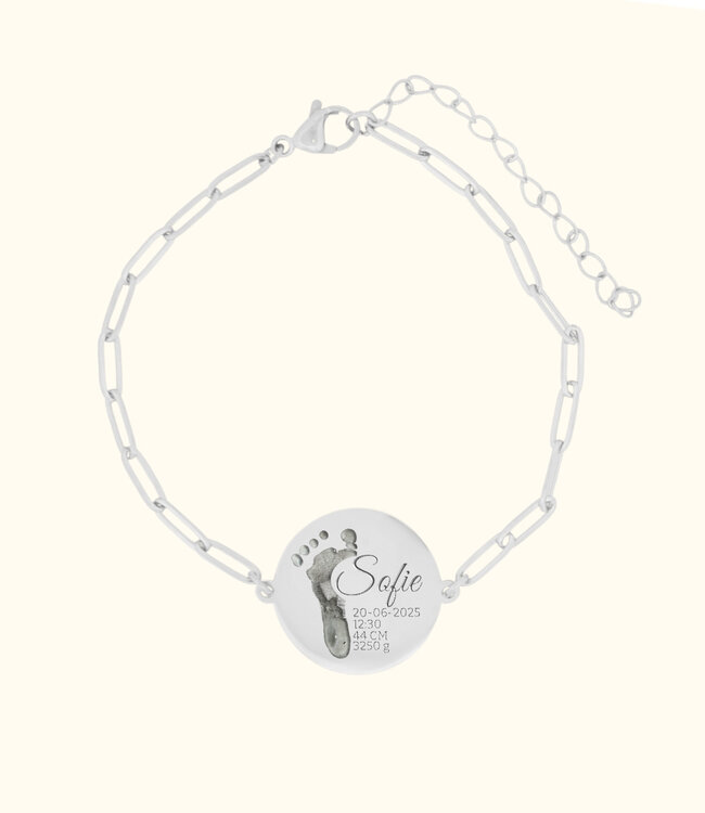 Uniek Armbandje gegraveerd met geboortegegevens en voetafdruk van jouw baby
