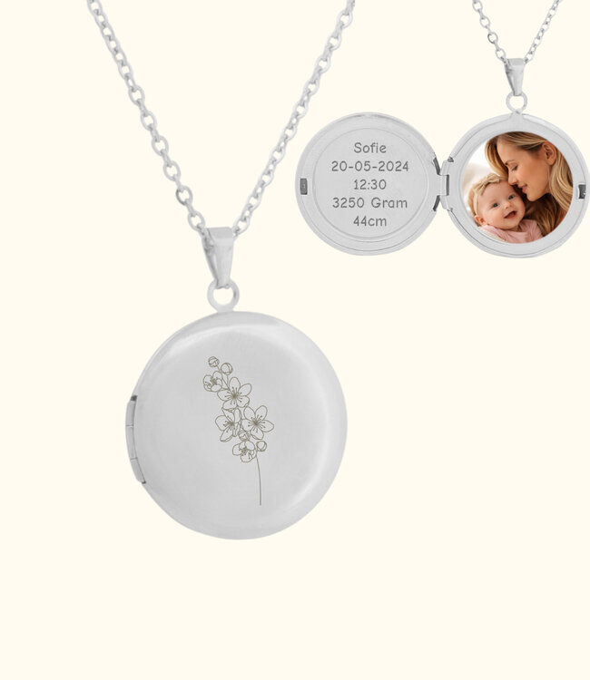 Medaillon met geboortebloem persoonlijk sieraad met foto en aandenken