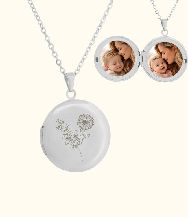 Medaillon met geboortebloem persoonlijk sieraad met foto en aandenken