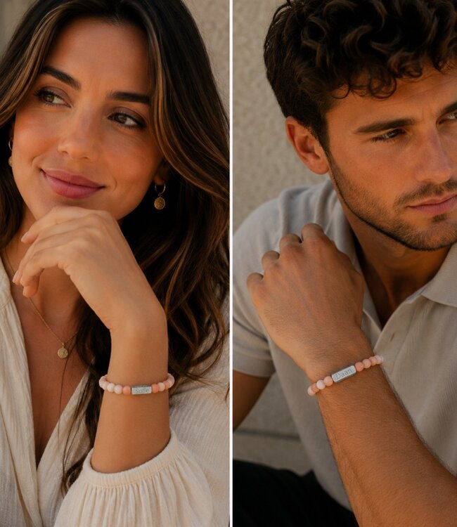 Kralen Armband Met Namen Roze Opaal  - Voor Dames En Mannen