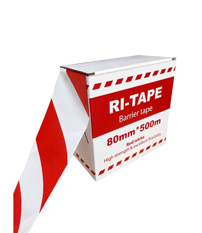 Ri-Traffic Afzetlint rood/wit 80 mm x 500 m op rol in handige dispenserdoos