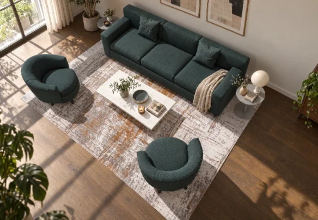 Large sofa, everything on the rug