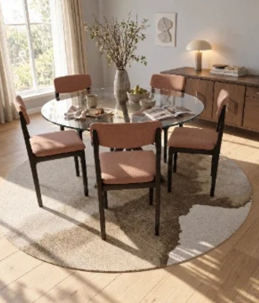 Rectangular table centred on rectangular rug