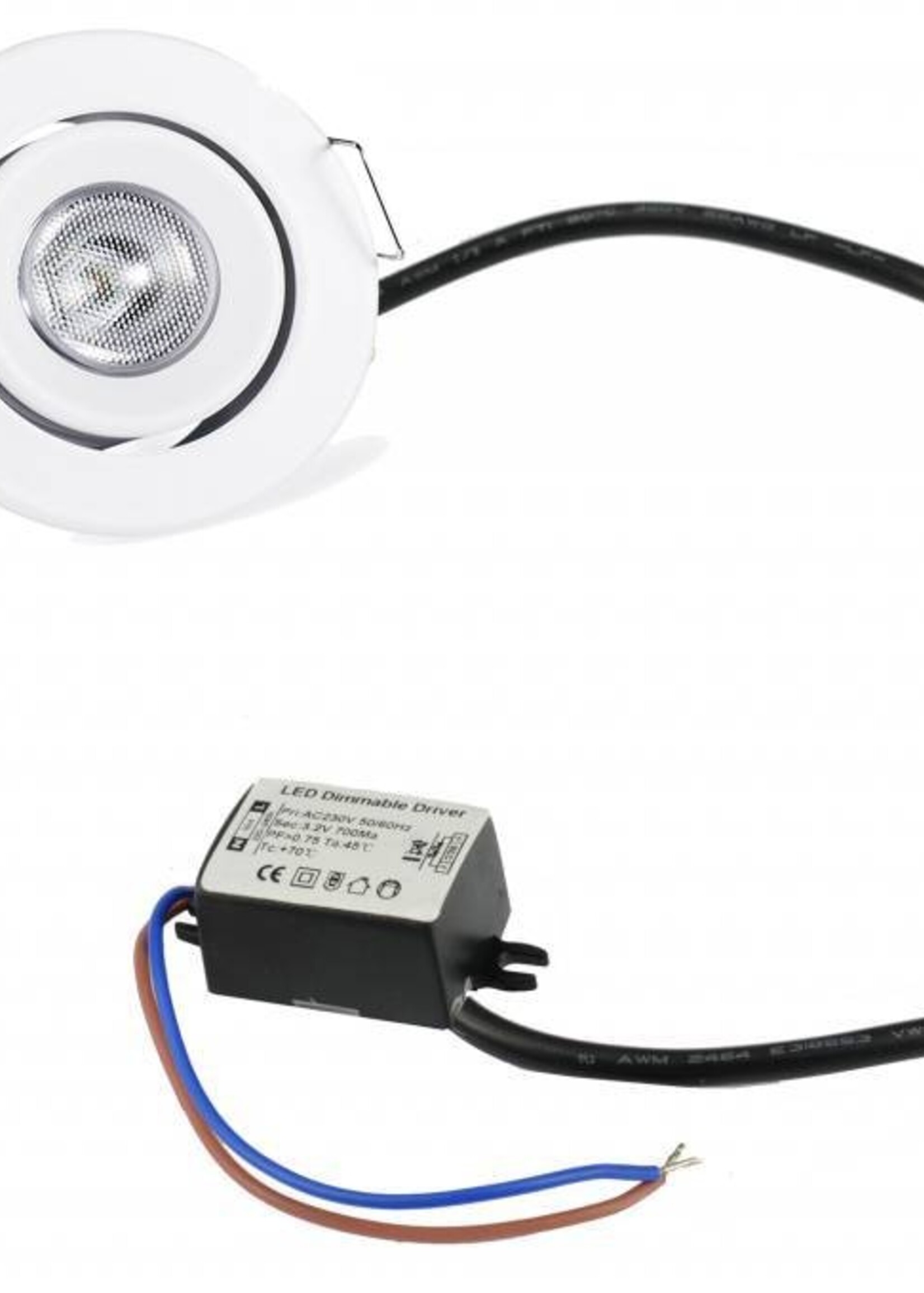 Dimbare mini inbouwLEDspot, warm wit, 1x3W Kantelbaar IP44 WITTE uitvoering