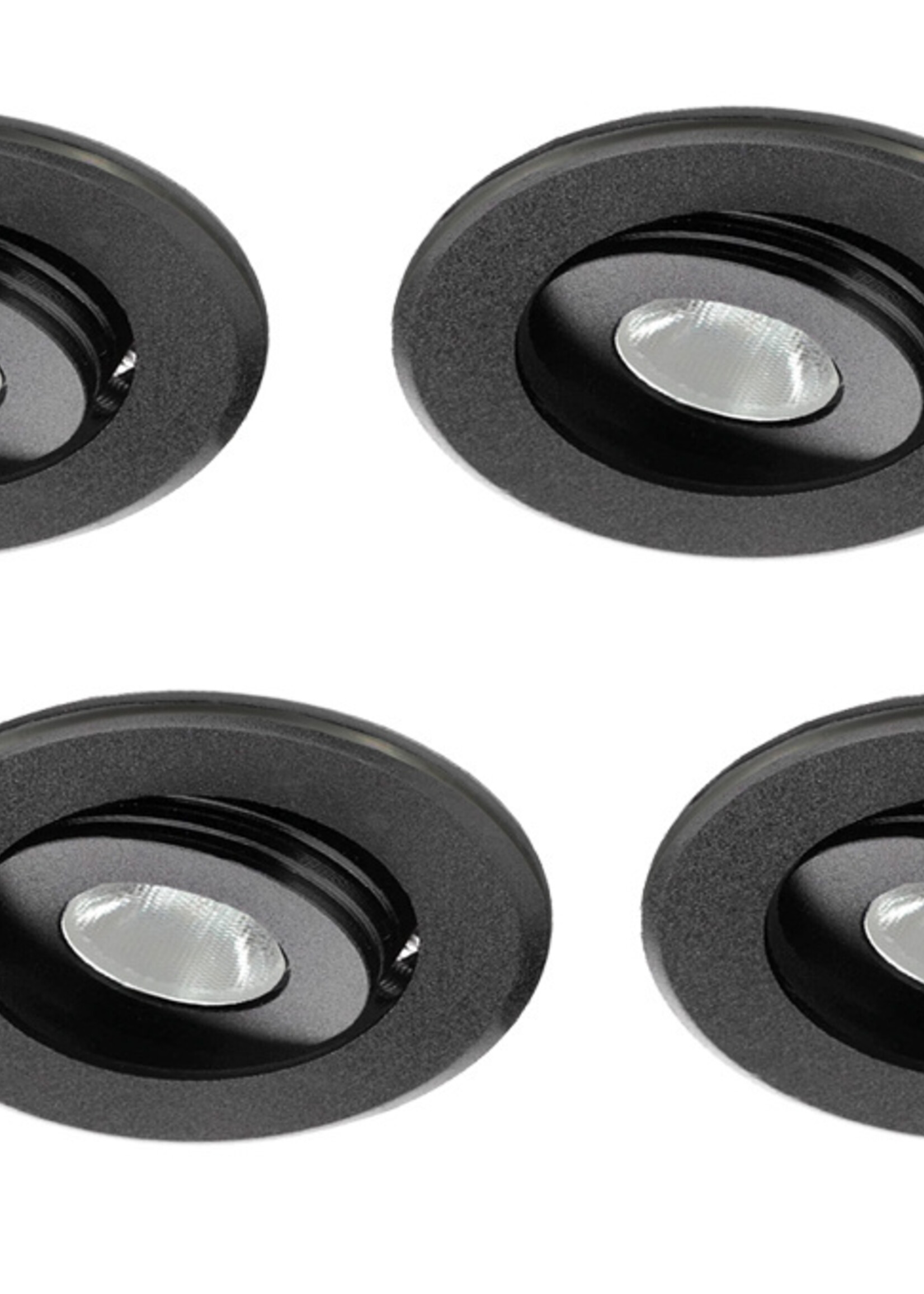 Set van 4 stuks dimbare mini inbouwLEDspot, warm wit, 1x3W Kantelbaar IP44 ZWARTE uitvoering