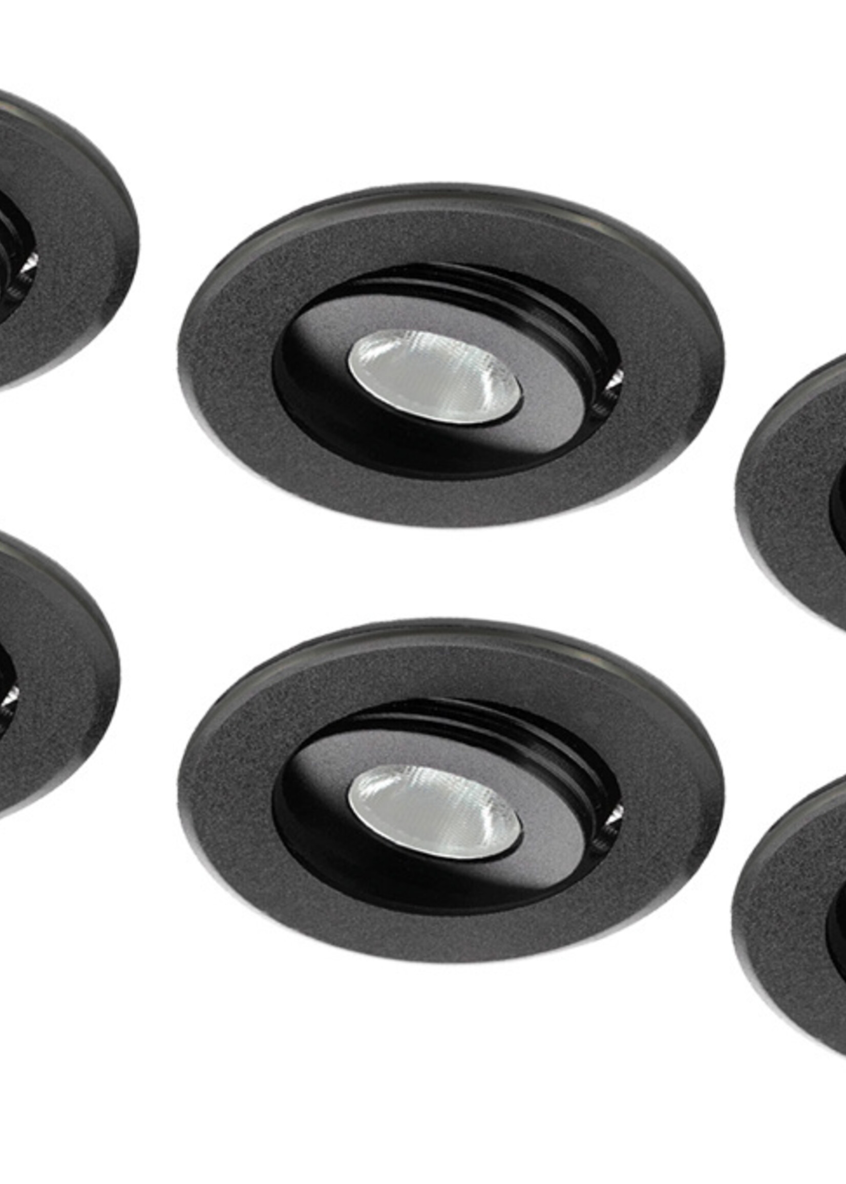 Set van 6 stuks dimbare mini inbouwLEDspot, warm wit, 1x3W Kantelbaar IP44 ZWARTE uitvoering