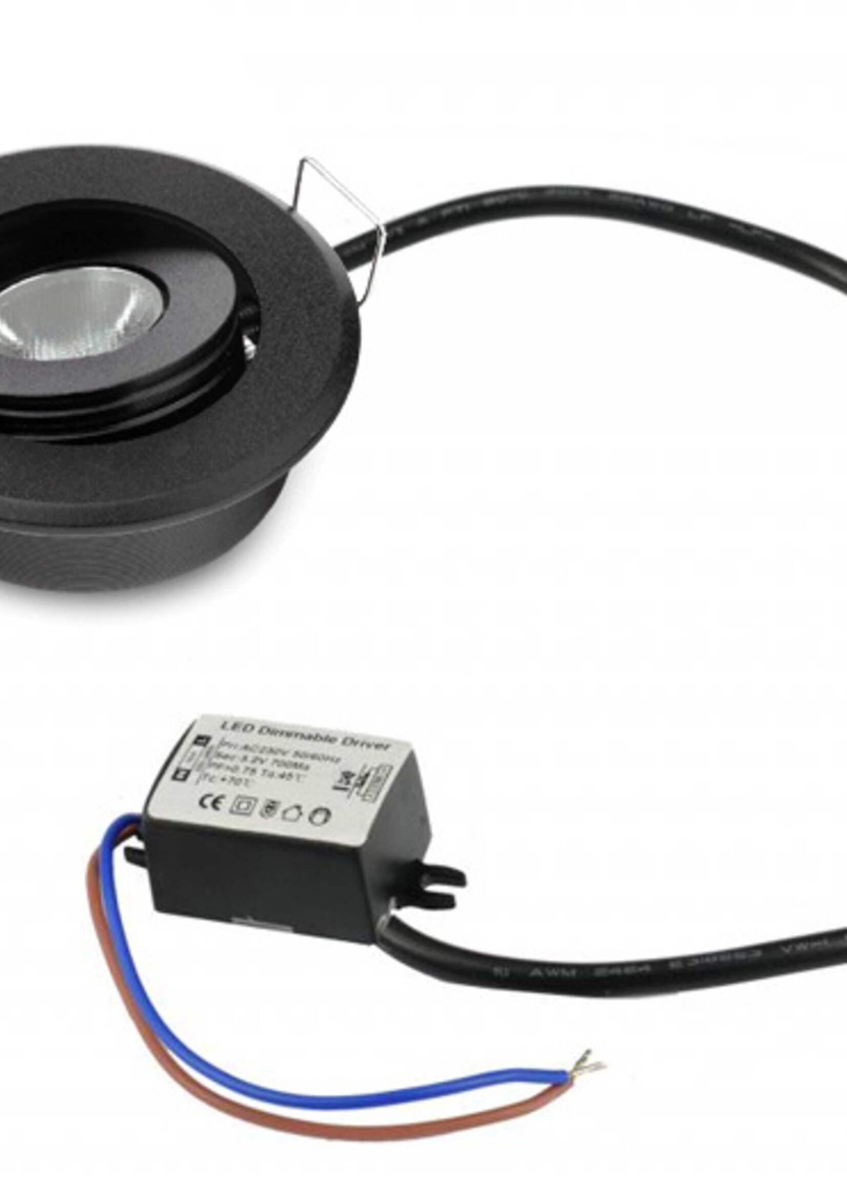 Set van 6 stuks dimbare mini inbouwLEDspot, warm wit, 1x3W Kantelbaar IP44 ZWARTE uitvoering