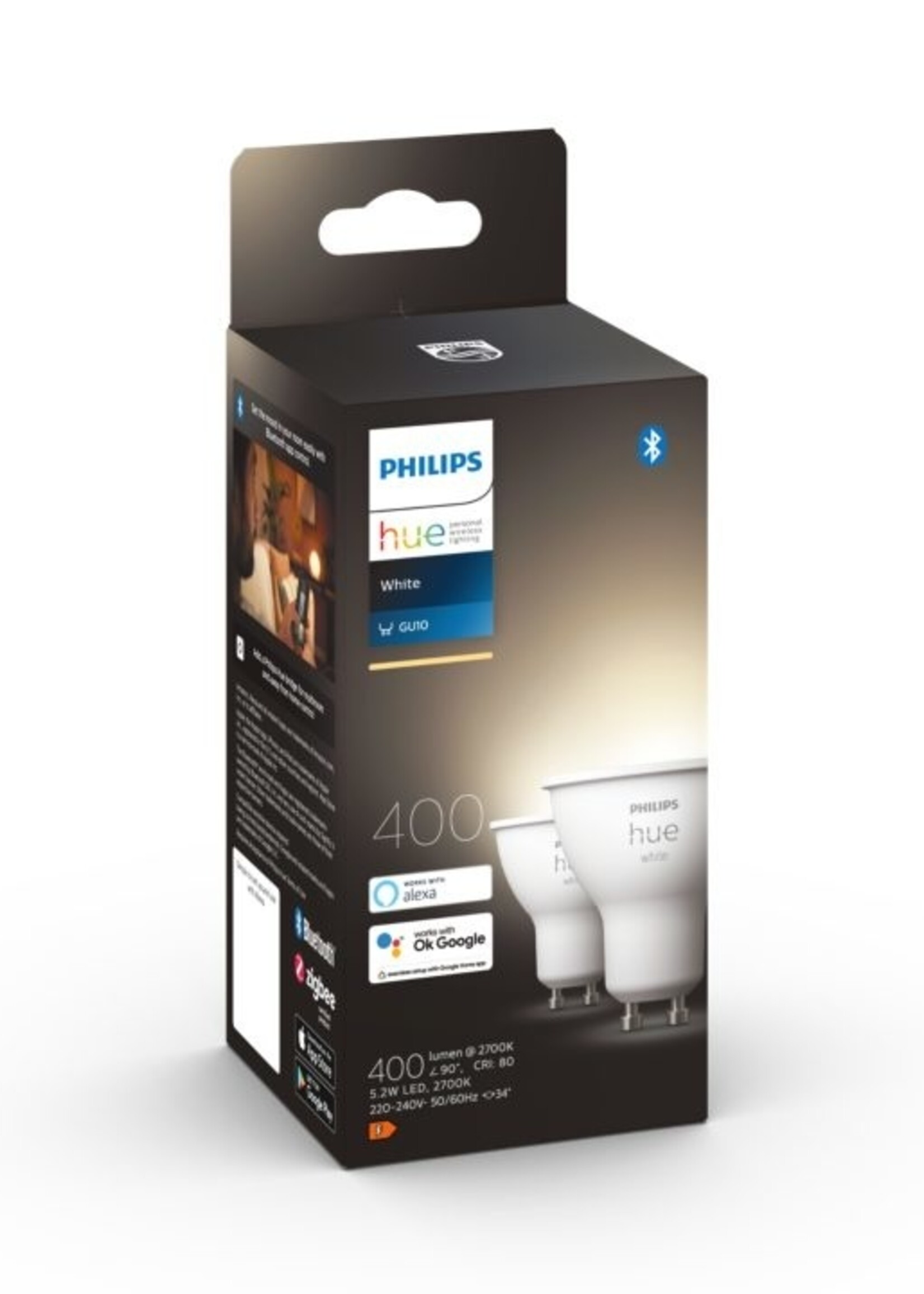 Philips Hue 2 stuks Philips Hue, Dimbare Warm Witte GU10 Ledspot, Bluetooth