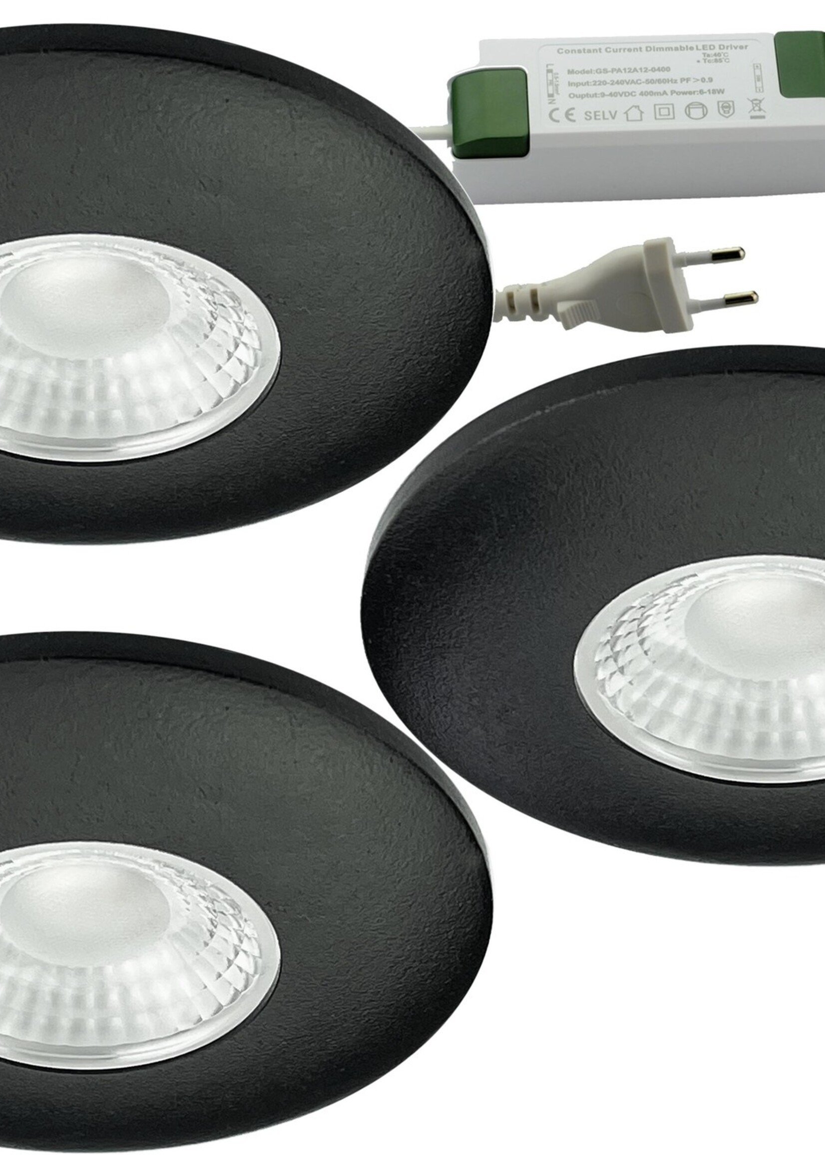 Set van 3 Cabinet Led Inbouwspots warm wit, zwarte uitvoering IP44, dimbaar