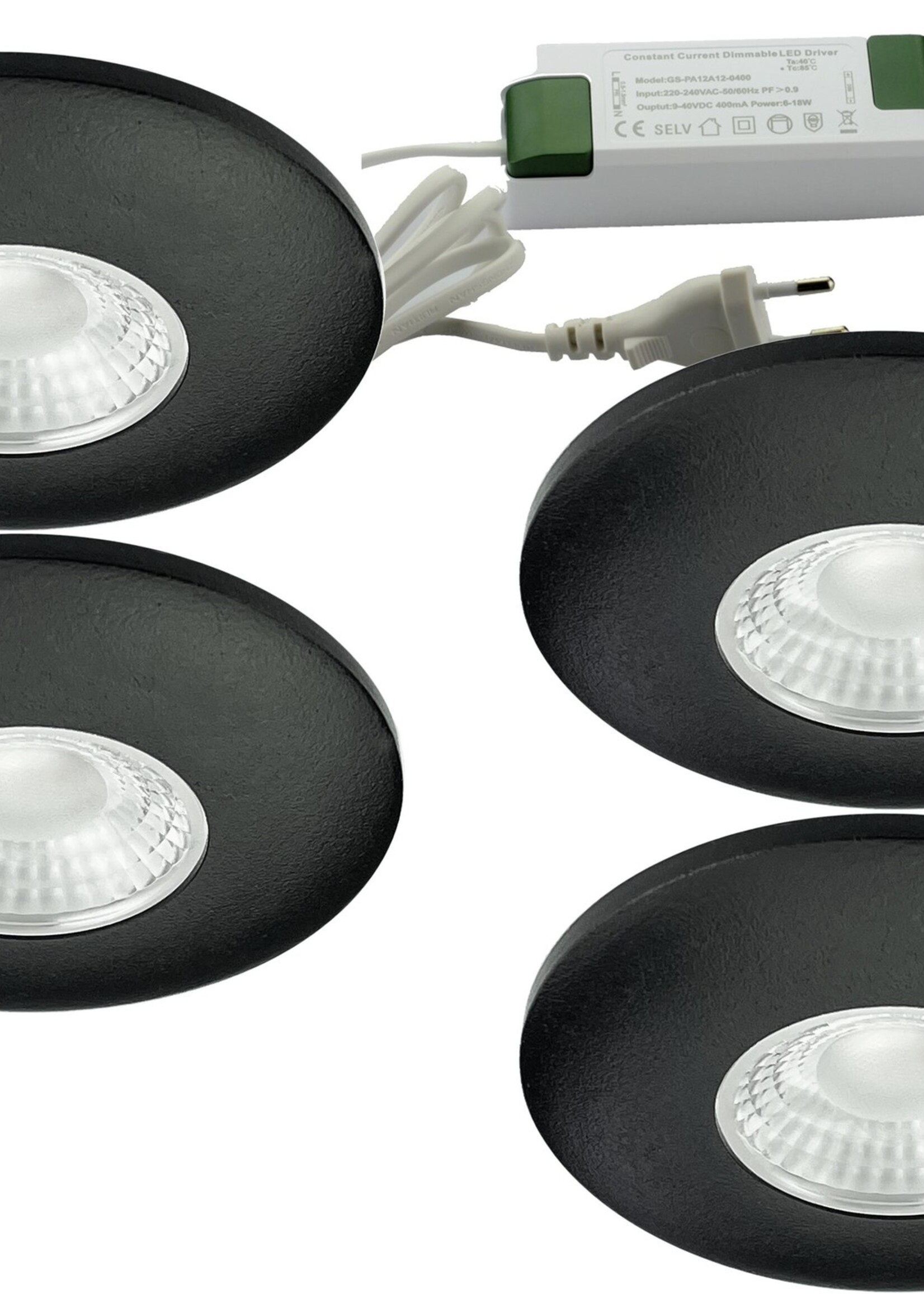 Set van 4 Cabinet Led Inbouwspots warm wit, zwarte uitvoering IP44, dimbaar