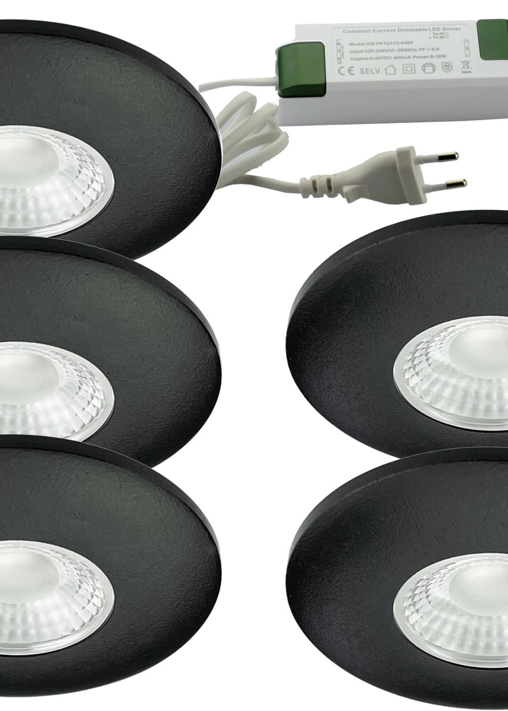Set van 5 Cabinet Led Inbouwspots warm wit, zwarte uitvoering IP44, dimbaar