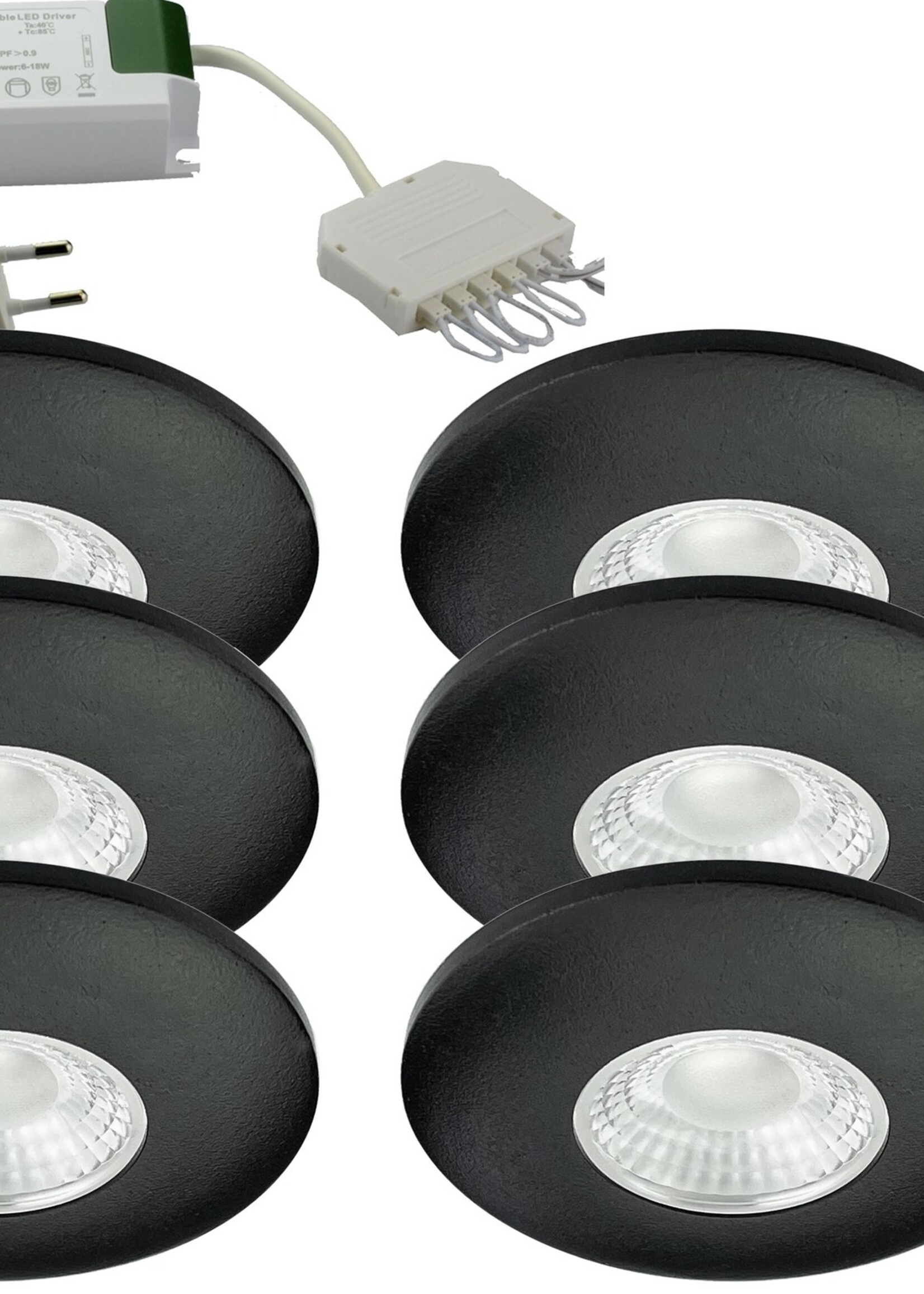 Set van 6 Cabinet Led Inbouwspots warm wit, zwarte uitvoering IP44, dimbaar