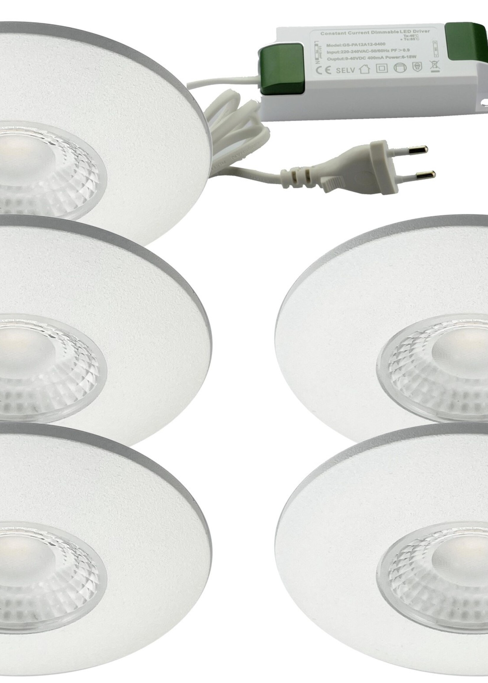 Set van 5 Cabinet Led Inbouwspots warm wit, witte uitvoering IP44, dimbaar