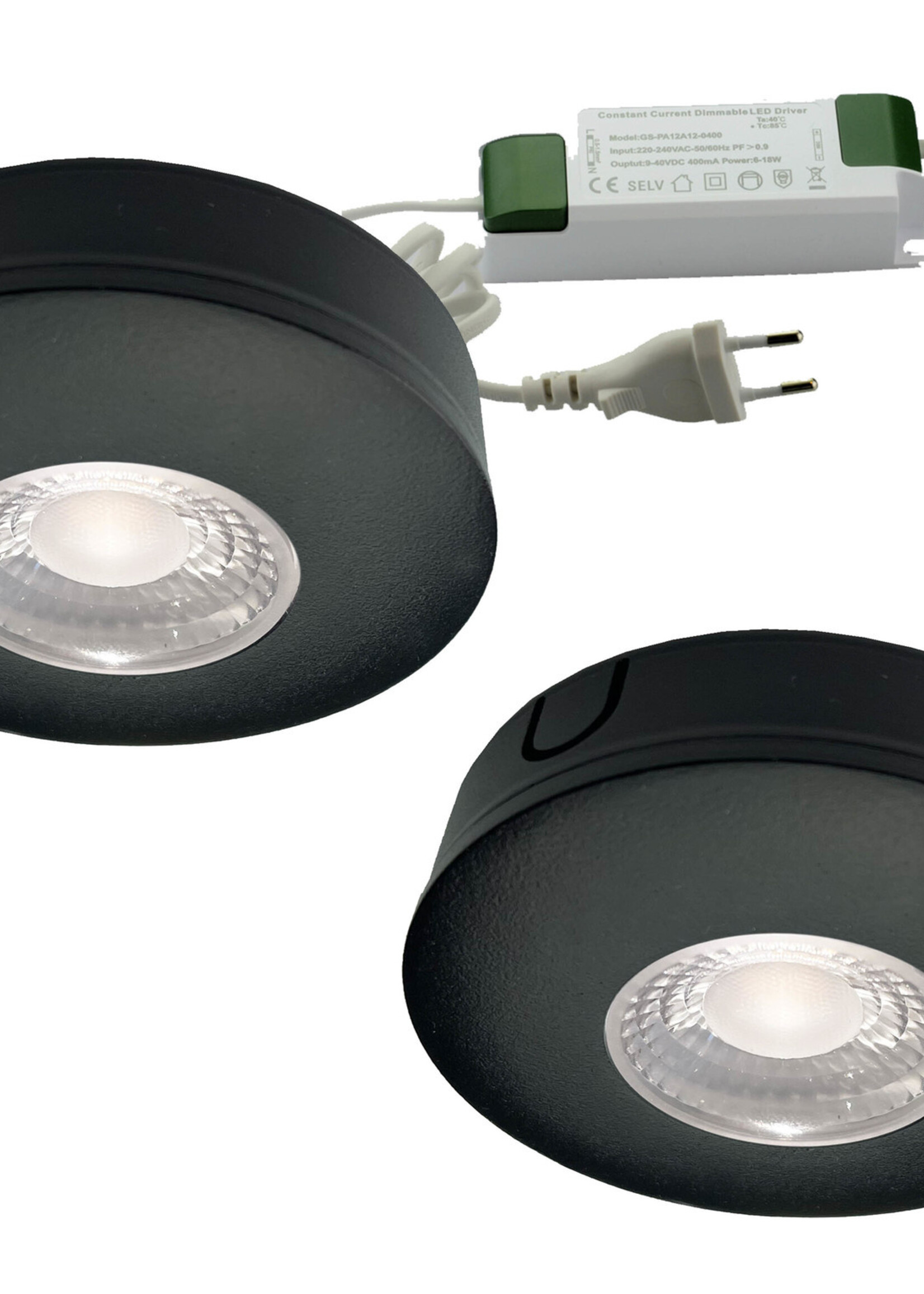 Set van 2 Cabinet Led Opbouwspot warm wit, zwarte uitvoering IP44, dimbaar